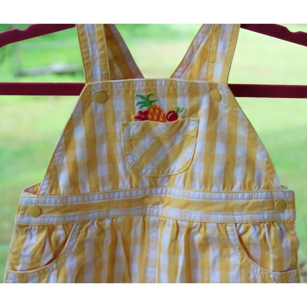 2002 Gymboree Fruit Punch Overalls Girls Yellow Plaid Ruffle Shortalls Pineapple